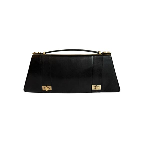 Alexis Hudson Black Leather Top Handle Bag – Y2K Purse w/ Gold Turnlock Accents - Picture 1 of 11